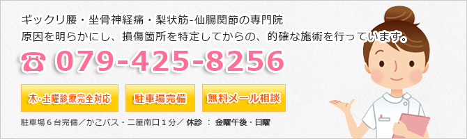 ギックリ腰・坐骨神経痛・梨状筋-仙腸関節の専門院。原因を明らかにし、損傷箇所を特定してからの、的確な施術を行っています。